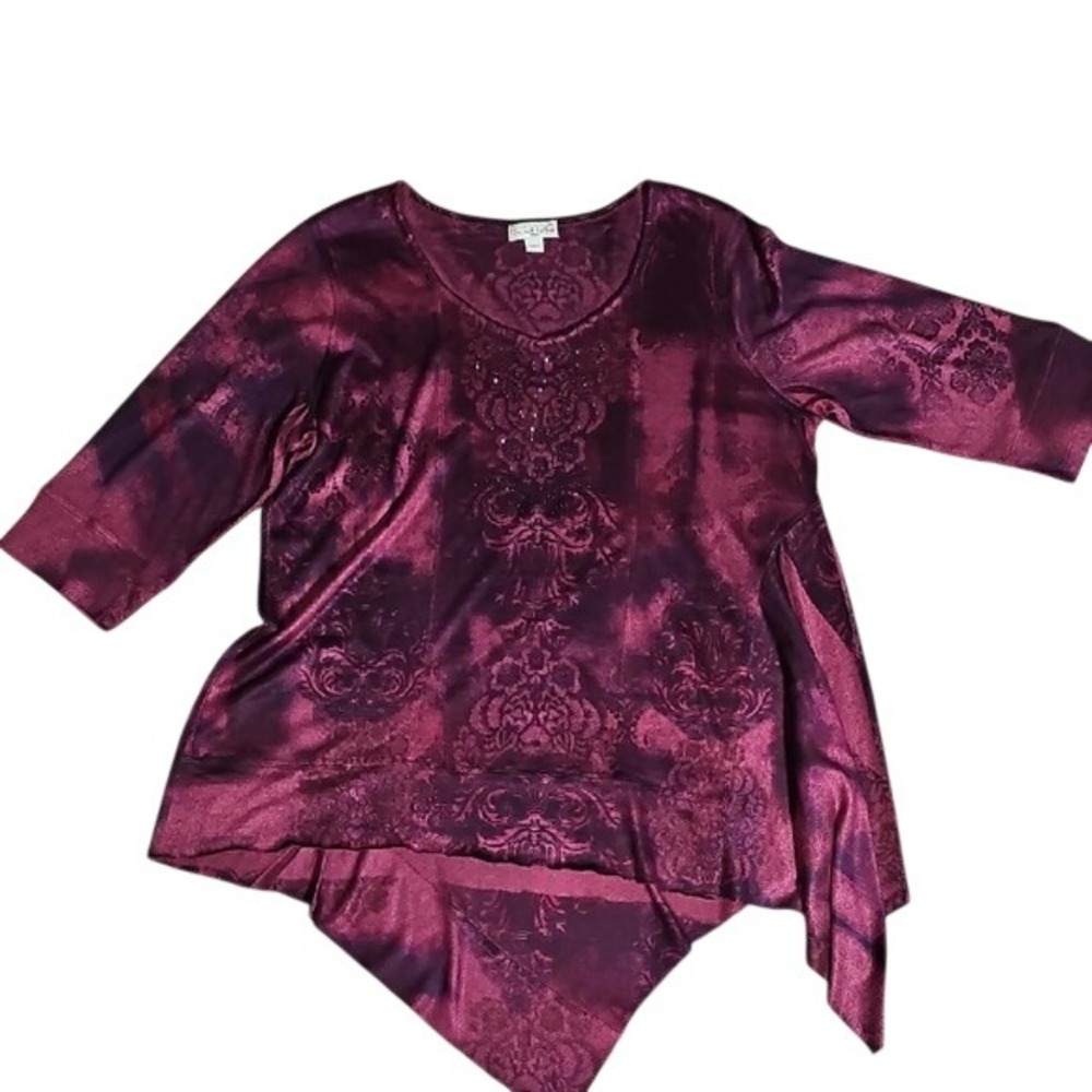 One World Stretchy Asymmetrical Burgundy Women's Tunic Top Wine Color Size 2X - Picture 4 of 10